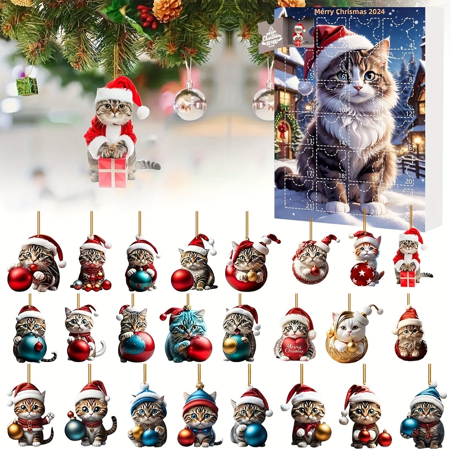 Adventskalender Katzenanhänger 2025 – Vintage 24-Tage Weihnachts Countdown mit Acryl Ornamenten-Zarado.uk