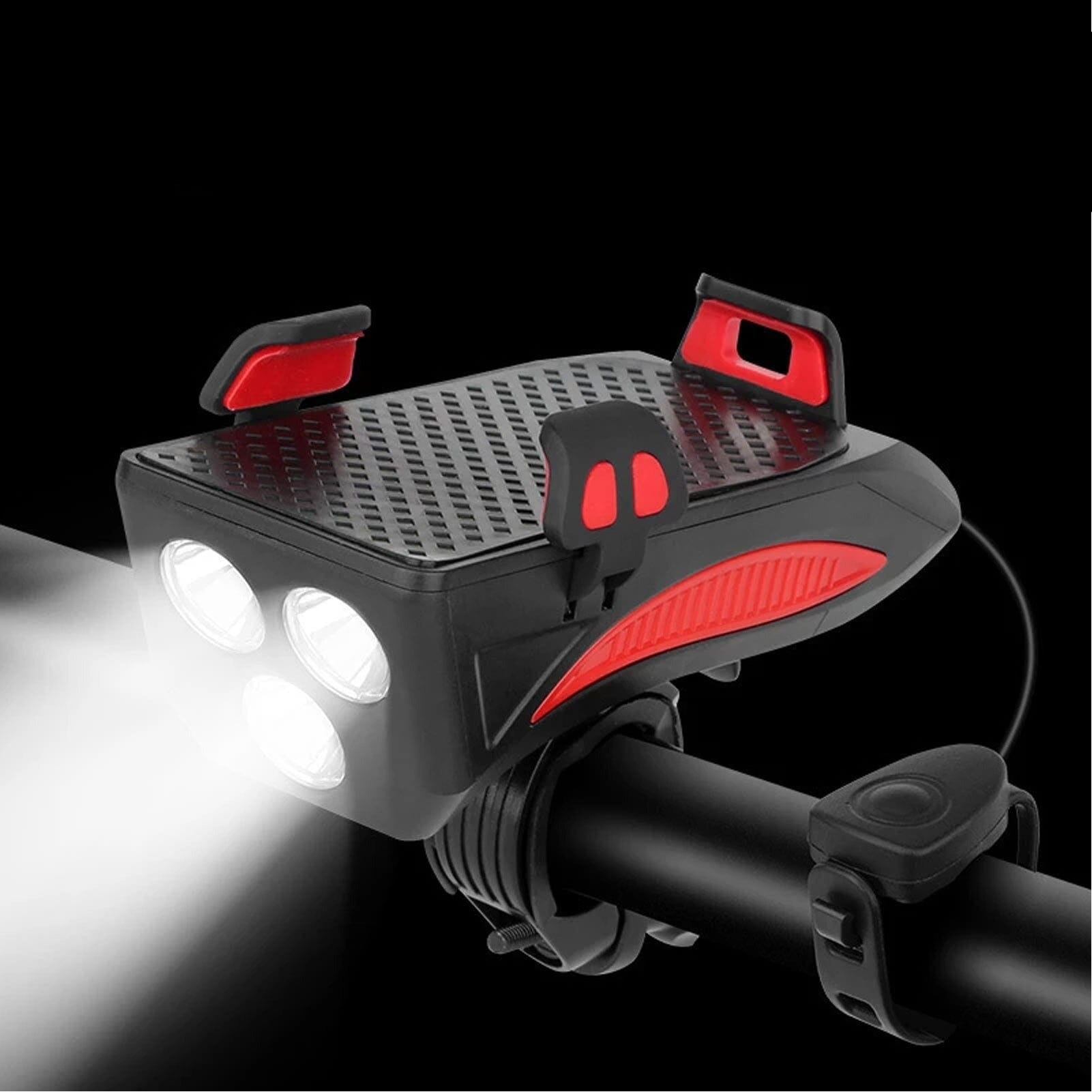 4-in-1 Rechargeable Bike Lights with Power Bank, Phone Holder and Electronic Horn – LED Safety Light for Bicycles