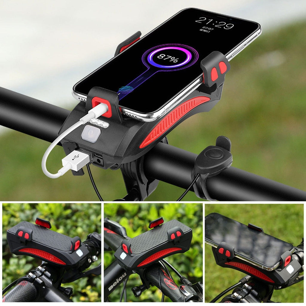 4-in-1 Rechargeable Bike Lights with Power Bank, Phone Holder and Electronic Horn – LED Safety Light for Bicycles