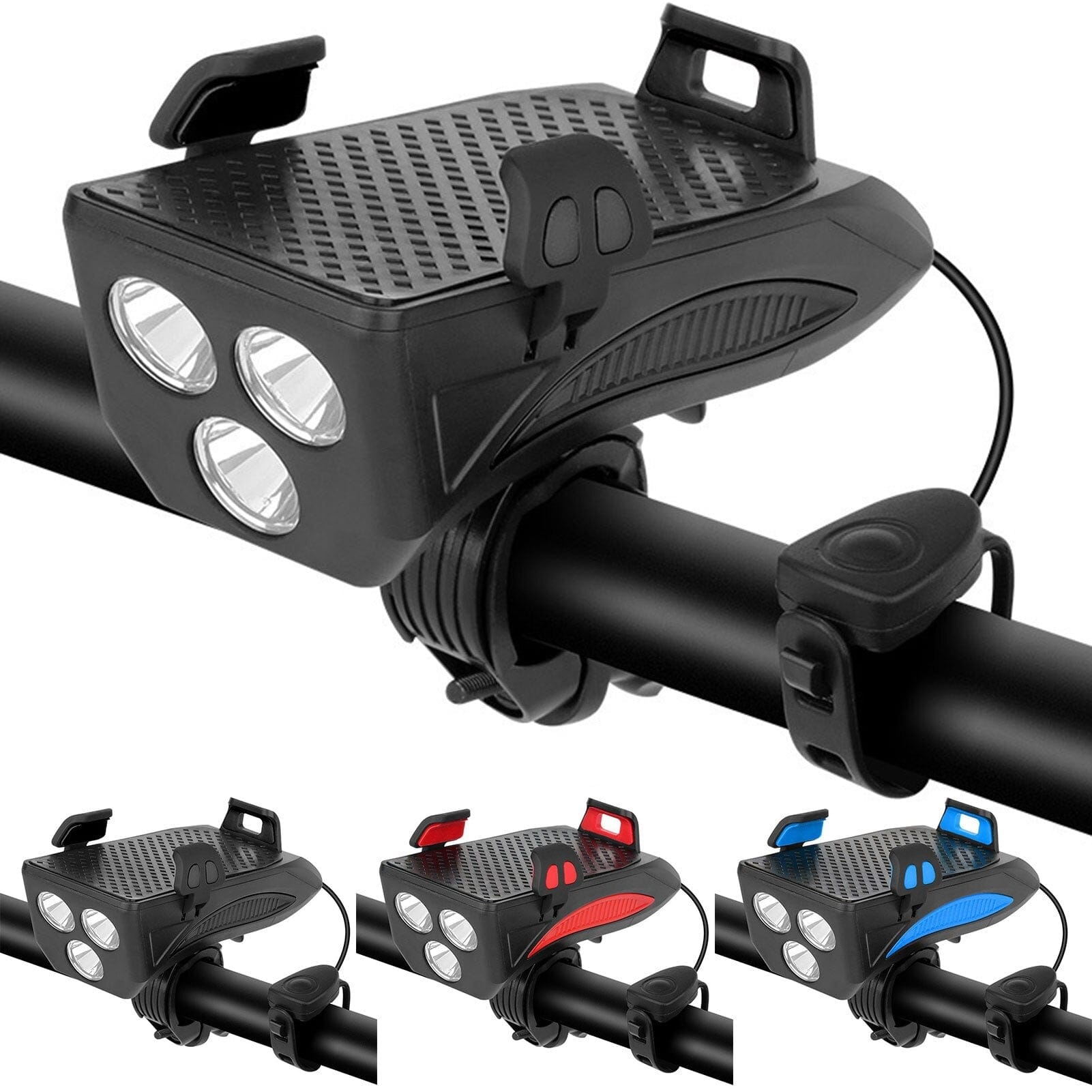 4-in-1 Rechargeable Bike Lights with Power Bank, Phone Holder and Electronic Horn – LED Safety Light for Bicycles