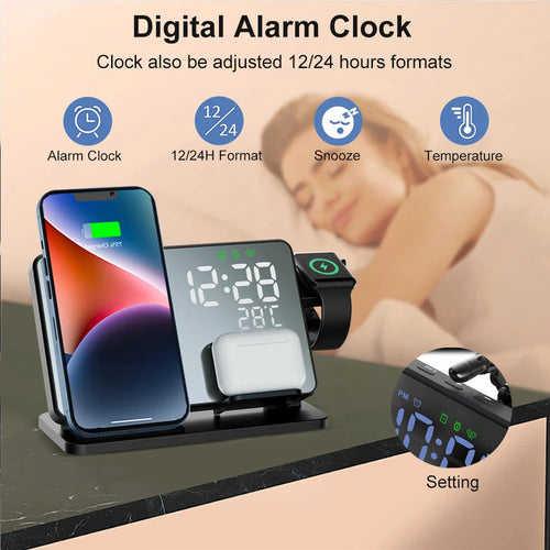 3-in-1 Fast Charging Station | Premium Wireless Charger Docking Station with Alarm Clock | for Apple iPhone, Watch & AirPods