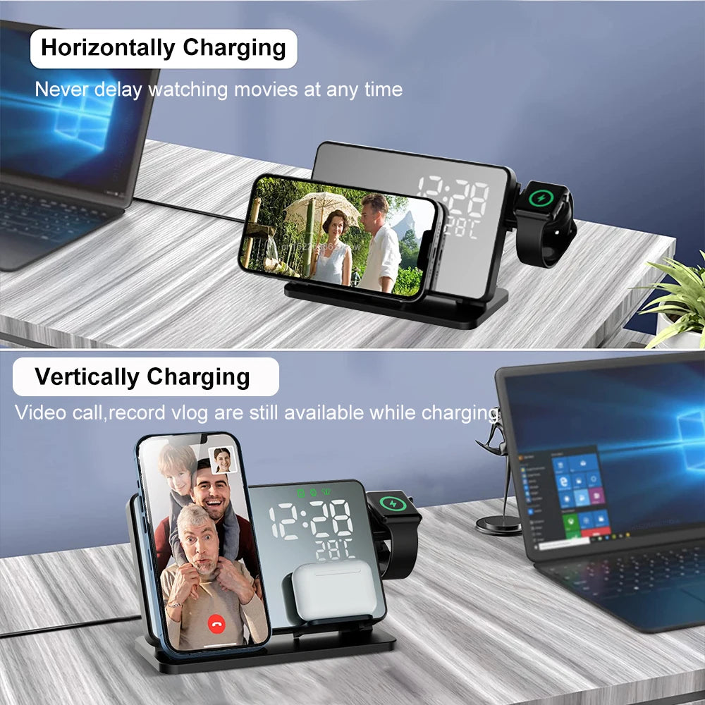 3-in-1 Fast Charging Station | Premium Wireless Charger Docking Station with Alarm Clock | for Apple iPhone, Watch & AirPods