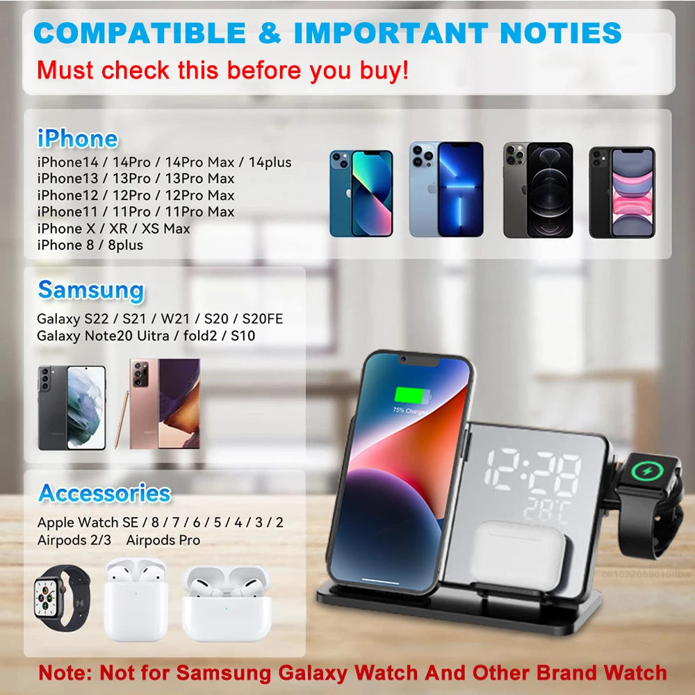 3-in-1 Fast Charging Station | Premium Wireless Charger Docking Station with Alarm Clock | for Apple iPhone, Watch & AirPods