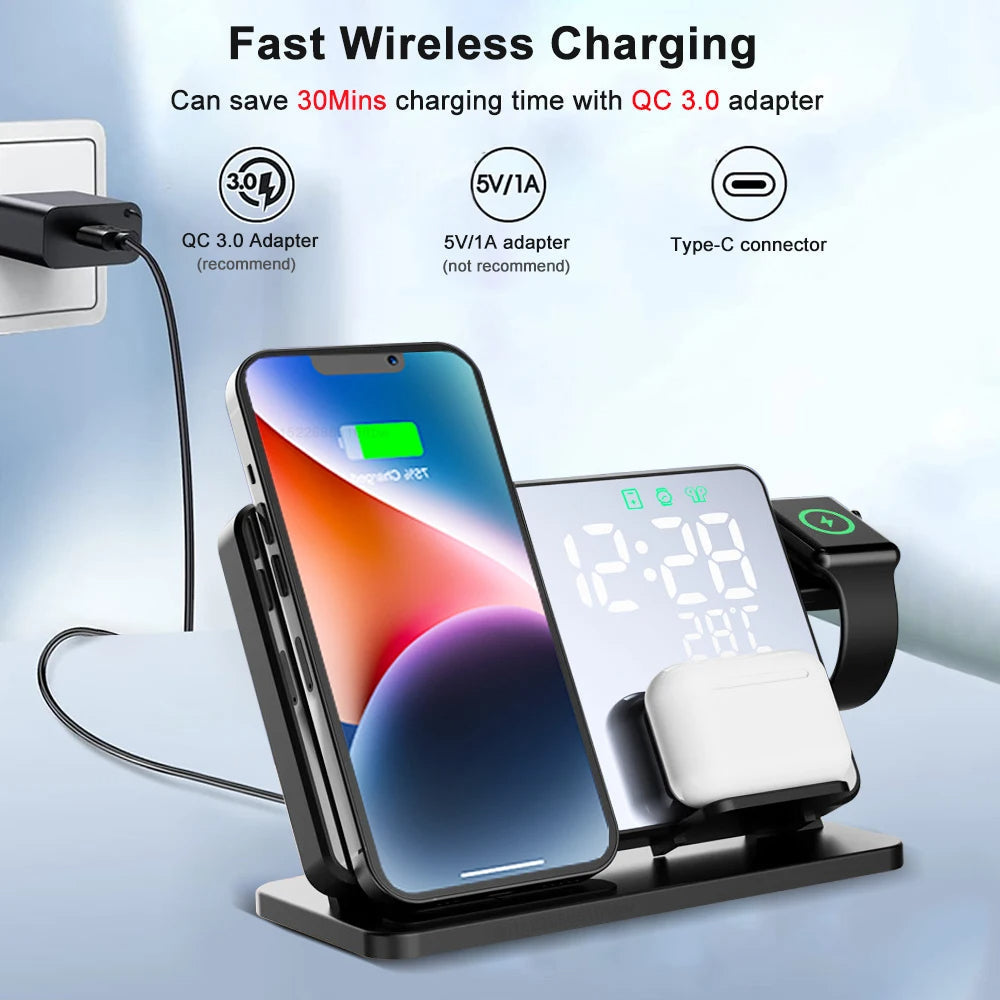 3-in-1 Fast Charging Station | Premium Wireless Charger Docking Station with Alarm Clock | for Apple iPhone, Watch & AirPods