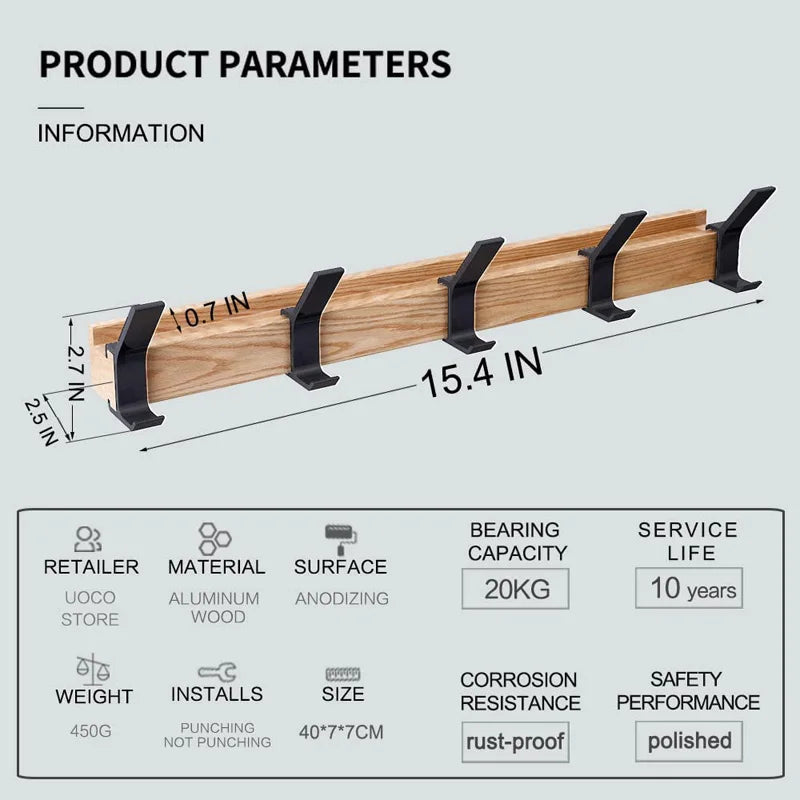 Nordivo Wall Coat Rack Moveable Double Hooks Scandinavian Design Wood Aluminium Space-Saving Modern