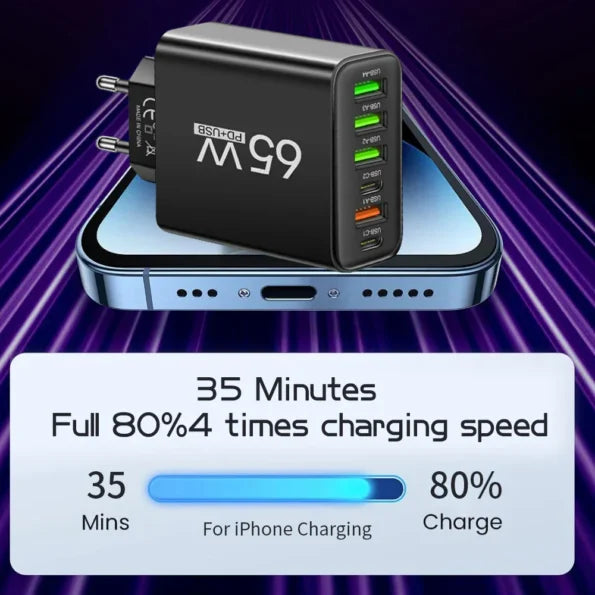 PowerMax 65W 6-in-1 Fast Charger – Charge Up to 6 Devices Simultaneously – Ideal for Home, Office, and Travel