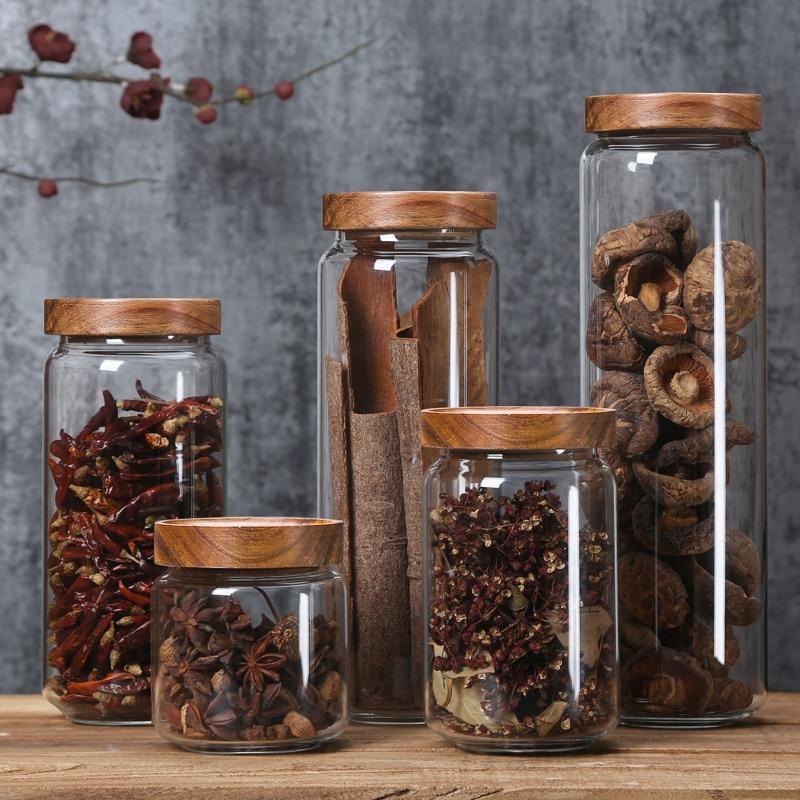 Stackable Acacia Glass Storage Containers Airtight for Kitchen Organisation