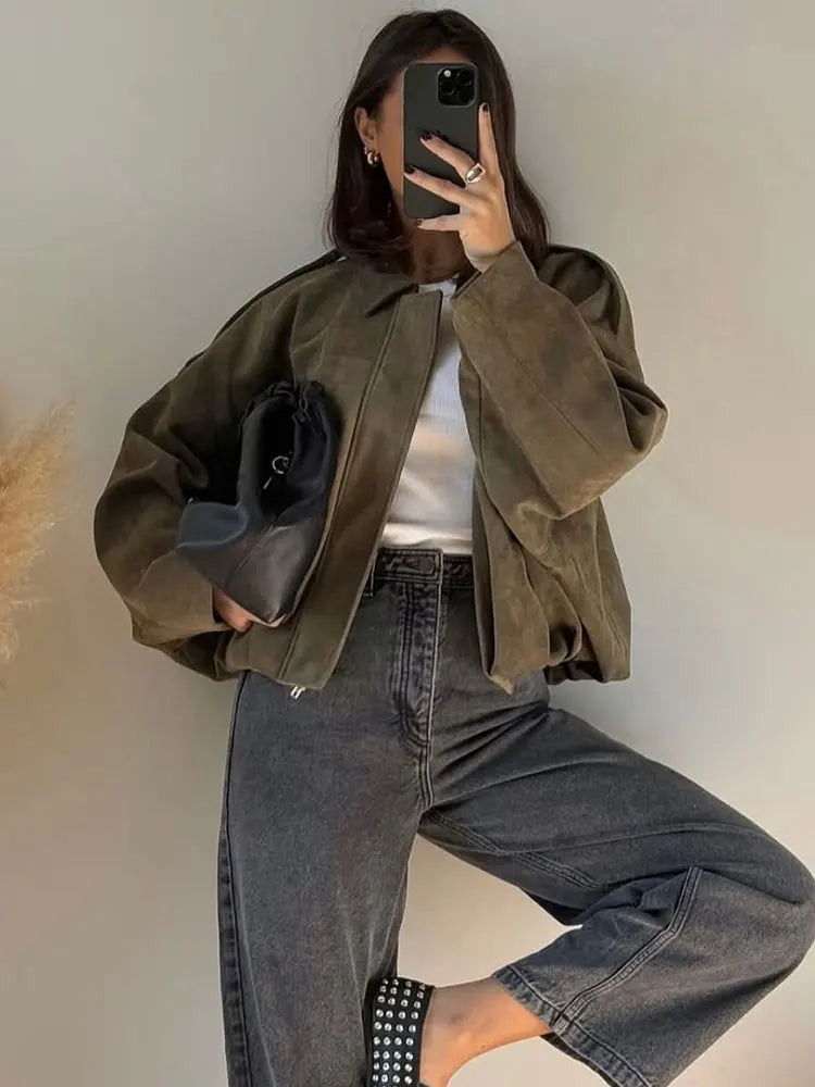 Stylish Ladies Suede Bomber Jacket – Brown Green Vintage Look