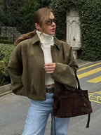 Stylish Ladies Suede Bomber Jacket – Brown Green Vintage Look