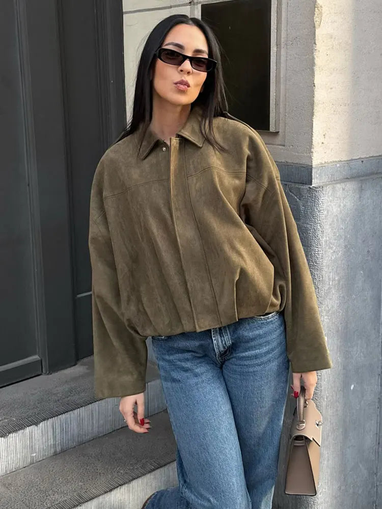 Stylish Ladies Suede Bomber Jacket – Brown Green Vintage Look