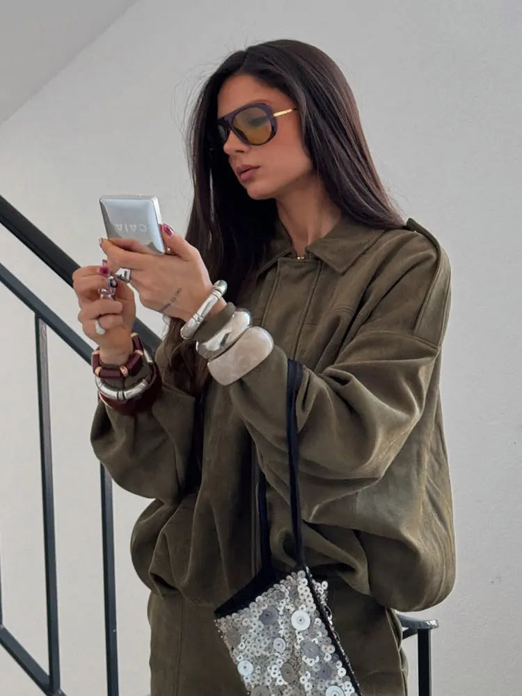 Stylish Ladies Suede Bomber Jacket – Brown Green Vintage Look