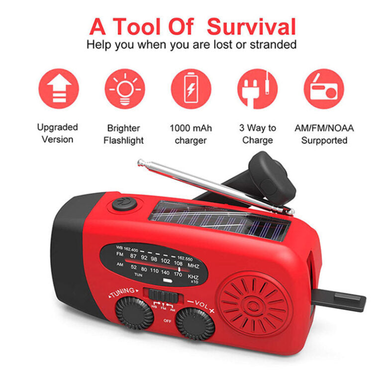 Self-Powered Emergency Radio – Hand Crank, Solar, Torch & Power Bank – FM/AM Radio, Essential for Disasters and Emergencies