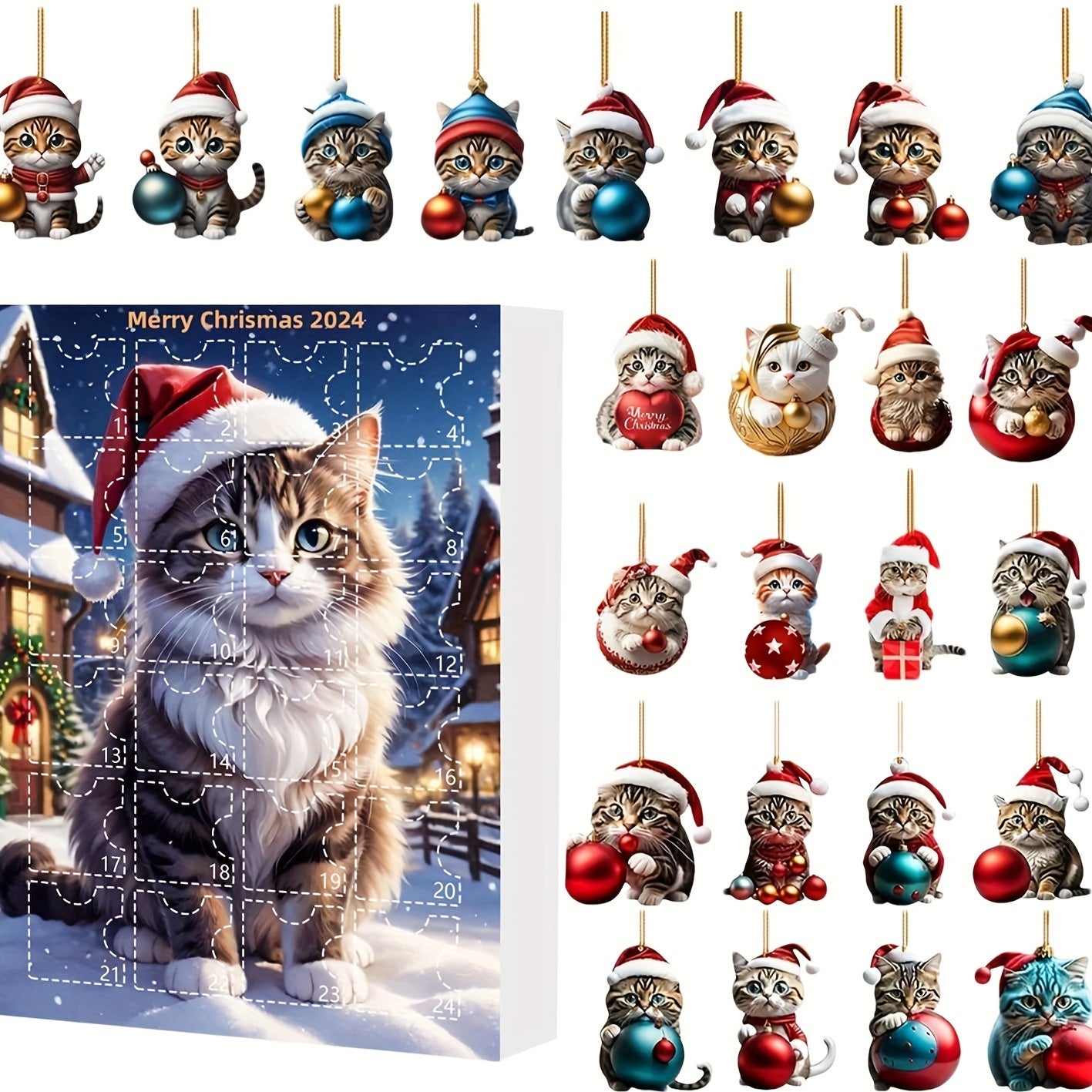 Adventskalender Katzenanhänger 2025 – Vintage 24-Tage Weihnachts Countdown mit Acryl Ornamenten-Zarado.uk