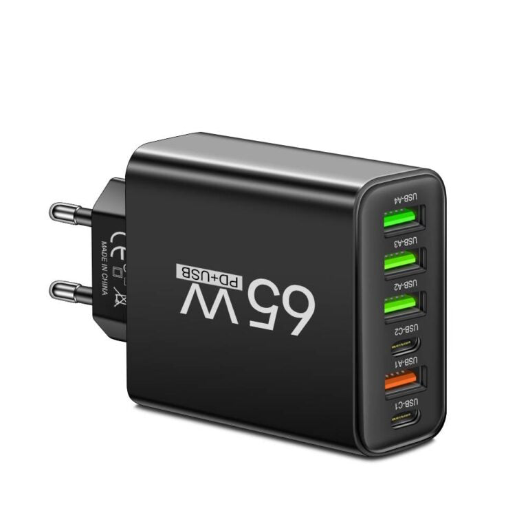 PowerMax 65W 6-in-1 Fast Charger – Charge Up to 6 Devices Simultaneously – Ideal for Home, Office, and Travel
