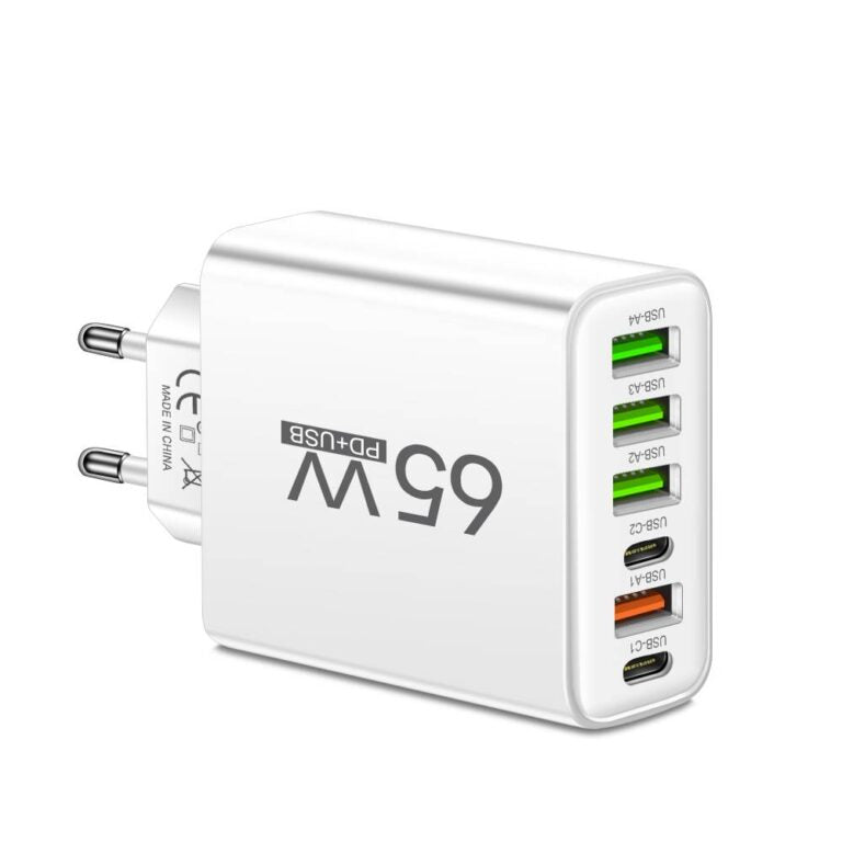 PowerMax 65W 6-in-1 Fast Charger – Charge Up to 6 Devices Simultaneously – Ideal for Home, Office, and Travel