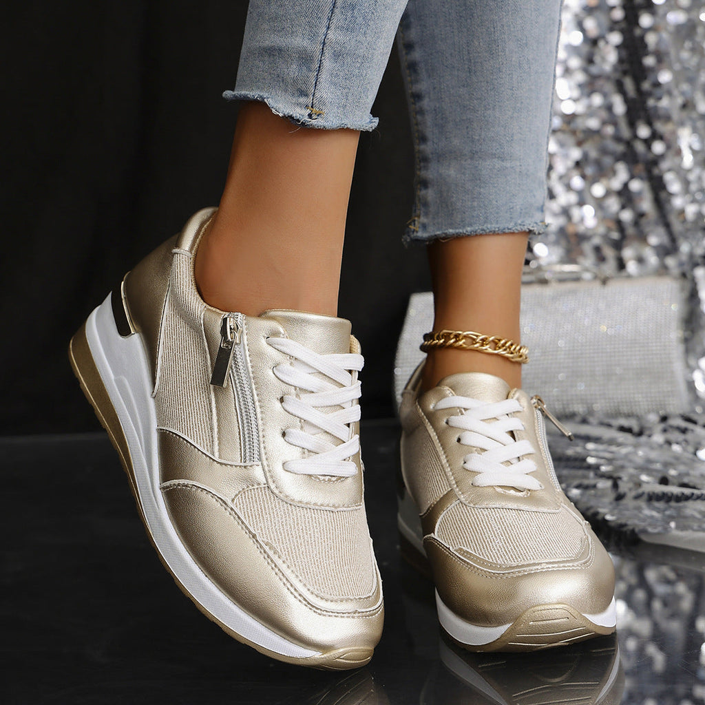 Metallic Sneakers with Elevated Sole - Silver, Gold - Comfort & Style