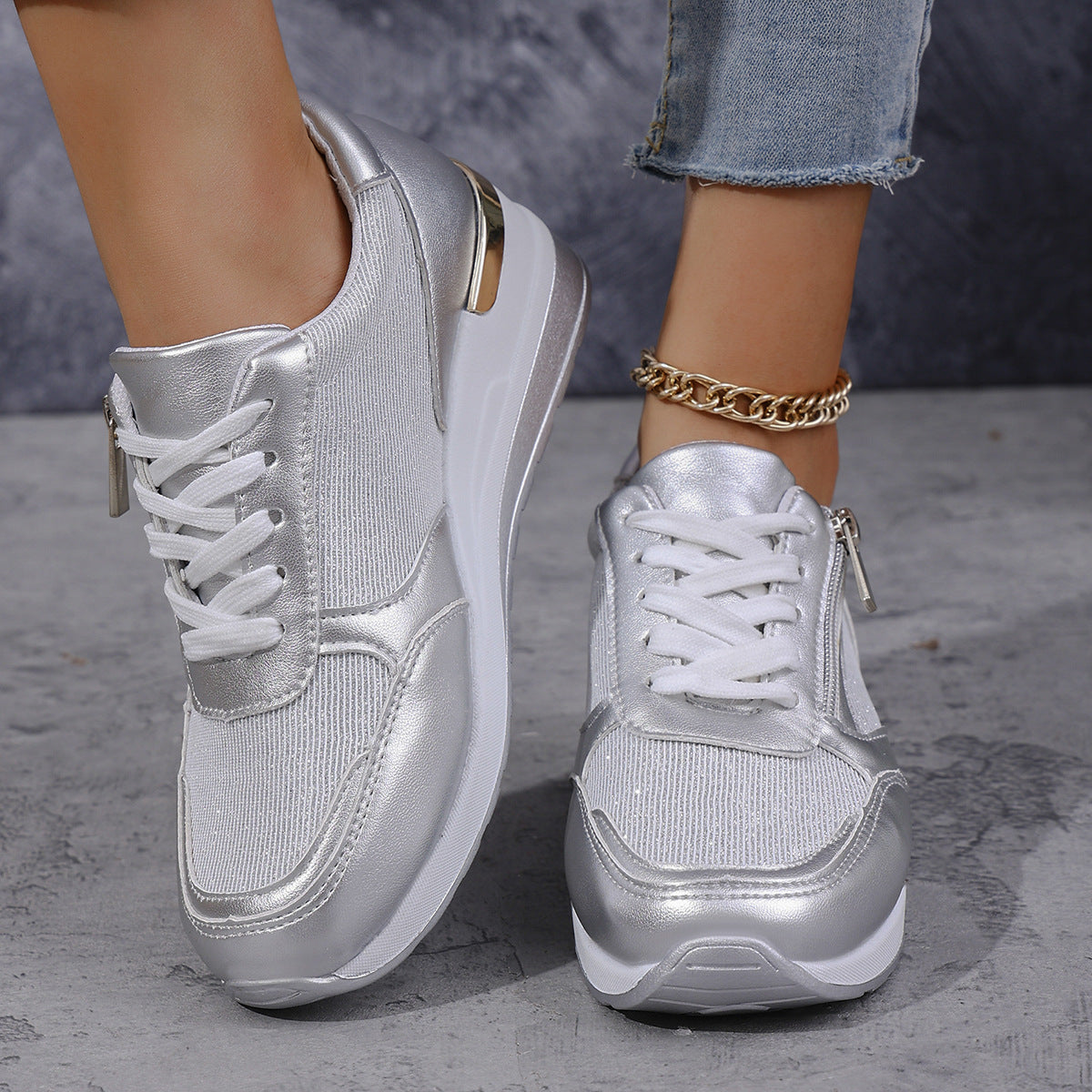 Metallic Sneakers with Elevated Sole - Silver, Gold - Comfort & Style