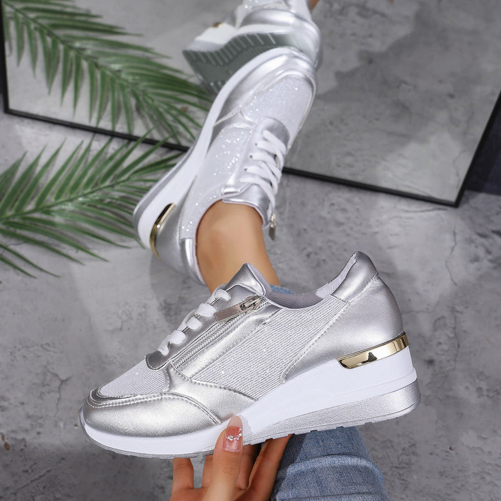 Metallic Sneakers with Elevated Sole - Silver, Gold - Comfort & Style