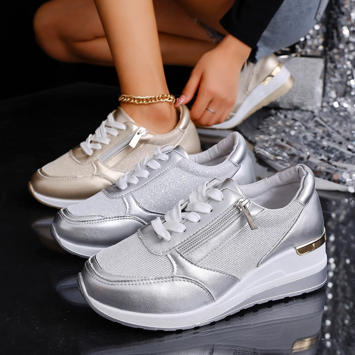 Metallic Sneakers with Elevated Sole - Silver, Gold - Comfort & Style