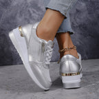 Metallic Sneakers with Elevated Sole - Silver, Gold - Comfort & Style