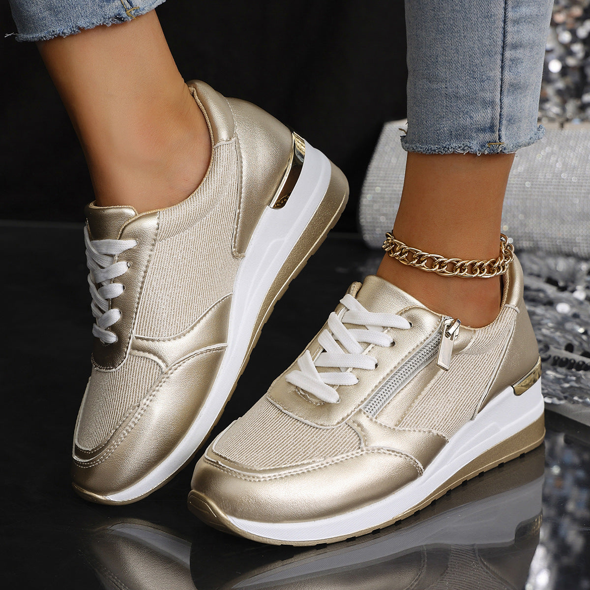 Metallic Sneakers with Elevated Sole - Silver, Gold - Comfort & Style