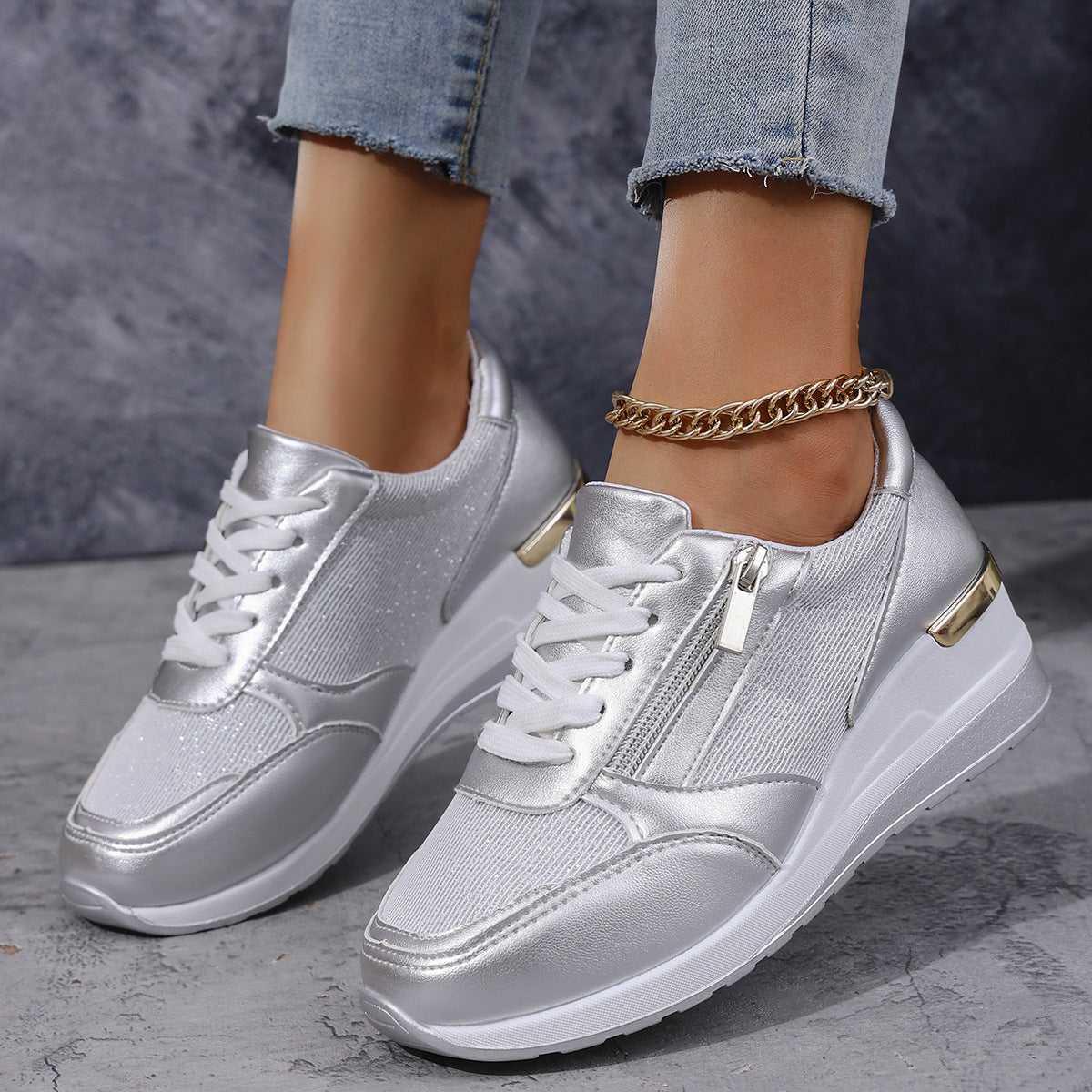 Metallic Sneakers with Elevated Sole - Silver, Gold - Comfort & Style