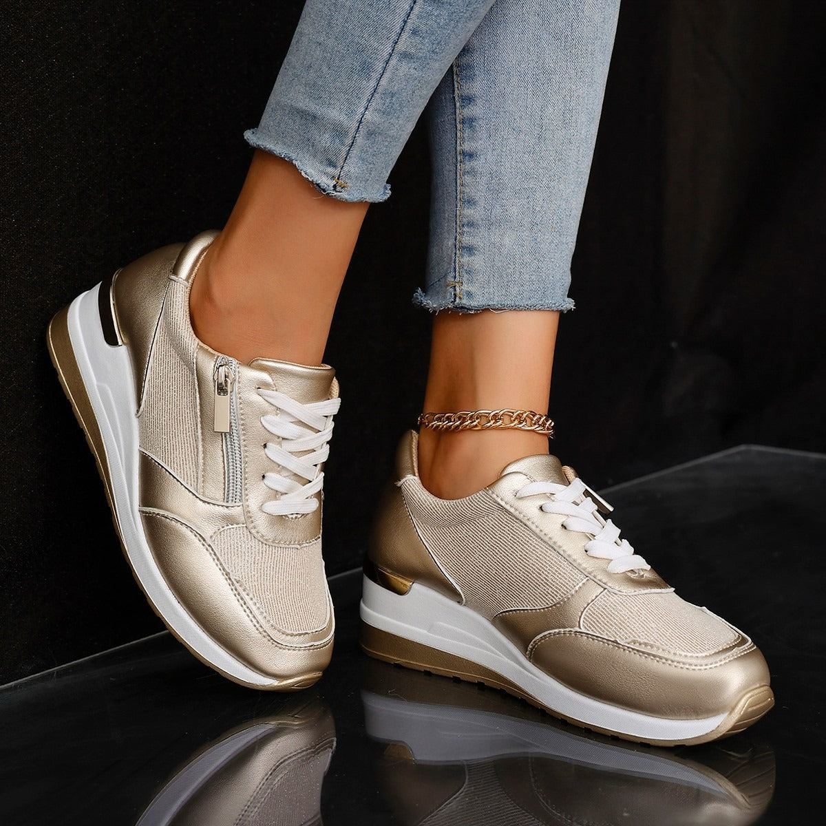 Metallic Sneakers with Elevated Sole - Silver, Gold - Comfort & Style