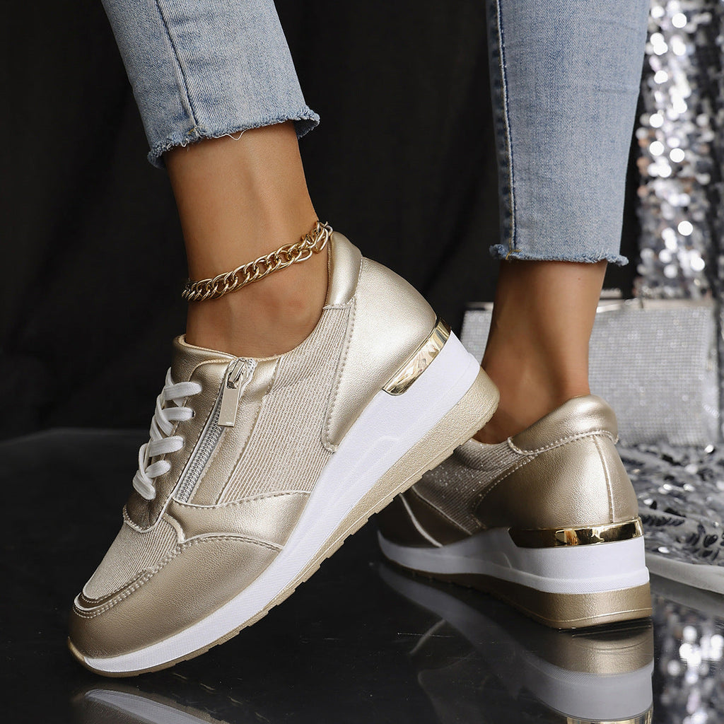 Metallic Sneakers with Elevated Sole - Silver, Gold - Comfort & Style