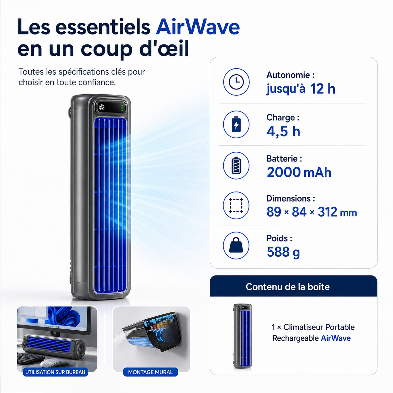 AirWave – Portable Rechargeable Air Conditioner with 12 Hours of Battery Life