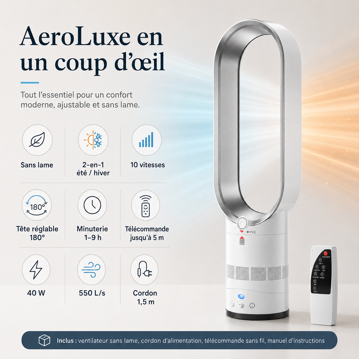 AeroLuxe Blade-Free Tower Unit for All-Season Comfort