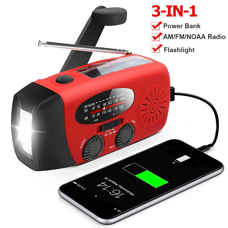 Self-Powered Emergency Radio – Hand Crank, Solar, Torch & Power Bank – FM/AM Radio, Essential for Disasters and Emergencies