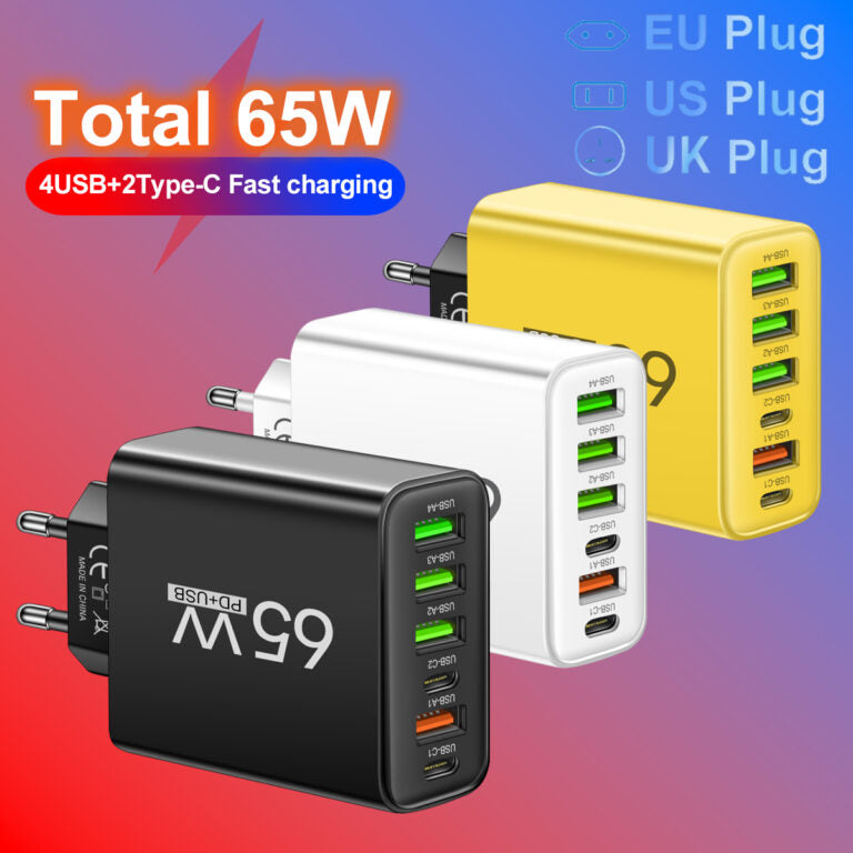 PowerMax 65W 6-in-1 Fast Charger – Charge Up to 6 Devices Simultaneously – Ideal for Home, Office, and Travel