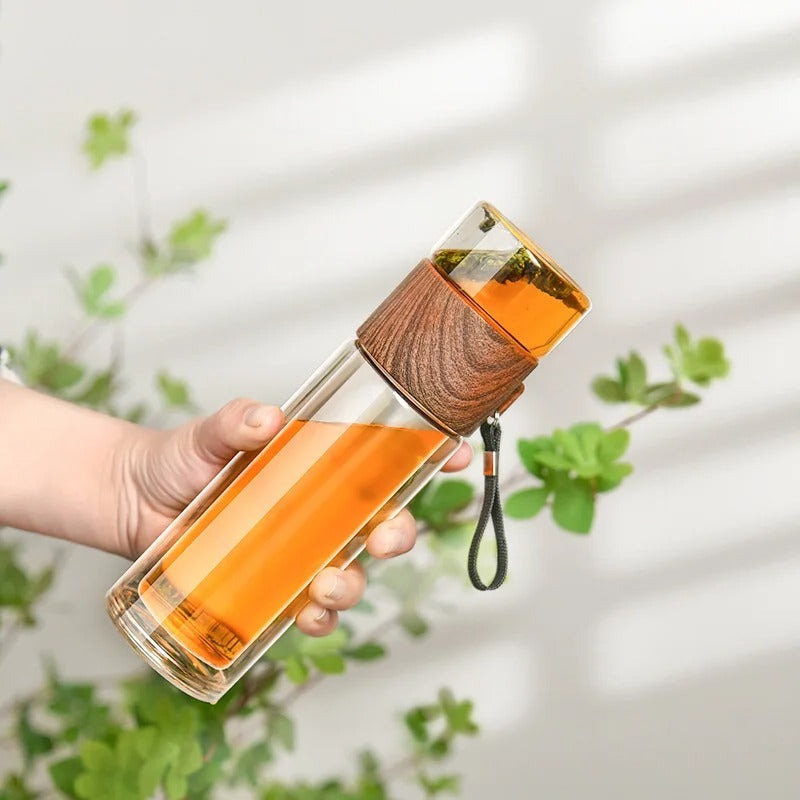 WoodGlass Thermo – Transparent Portable Insulated Bottle with Tea Filter for Healthy Drinks On-the-Go