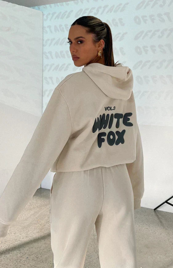 Comfortable Loose Fit White Tracksuit for Women in Cotton Blend with Fox Print