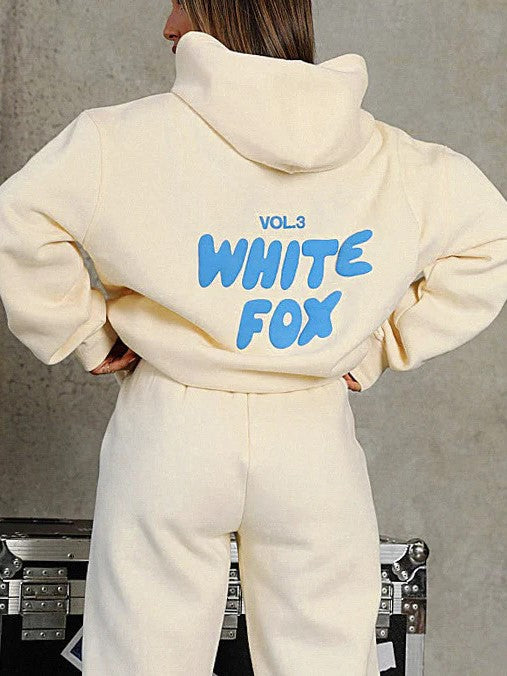 Comfortable Loose Fit White Tracksuit for Women in Cotton Blend with Fox Print