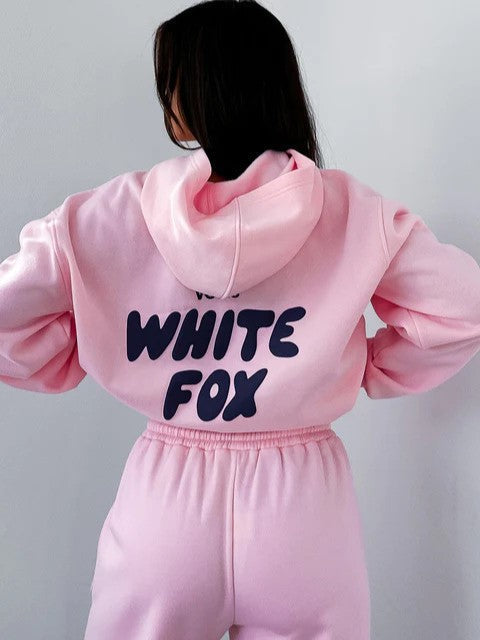 Comfortable Loose Fit White Tracksuit for Women in Cotton Blend with Fox Print