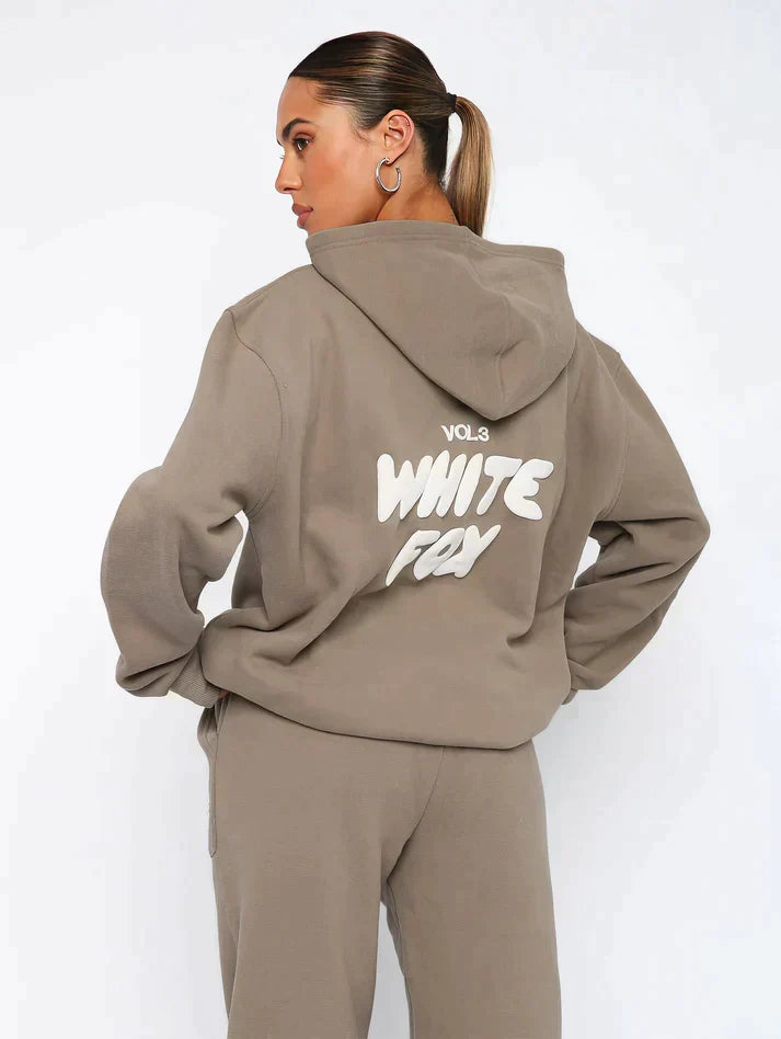 Comfortable Loose Fit White Tracksuit for Women in Cotton Blend with Fox Print