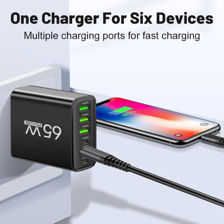 PowerMax 65W 6-in-1 Fast Charger – Charge Up to 6 Devices Simultaneously – Ideal for Home, Office, and Travel
