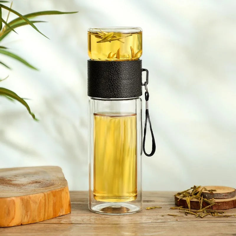 WoodGlass Thermo – Transparent Portable Insulated Bottle with Tea Filter for Healthy Drinks On-the-Go