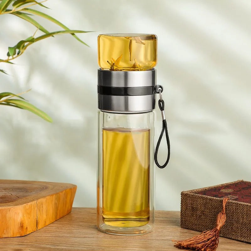 WoodGlass Thermo – Transparent Portable Insulated Bottle with Tea Filter for Healthy Drinks On-the-Go